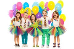 Group of joyful little kids having fun at birthday stock photos Group of joyful little kids having fun at birthday stock photos