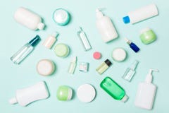 Group Of Plastic Bodycare Bottle Flat Lay Composition With Cosmetic Products On Blue Background Empty Space For You Design. Set Of Royalty Free Stock Images Group Of Plastic Bodycare Bottle Flat Lay Composition With Cosmetic Products On Blue Background Empty Space For You Design. Set Of Royalty Free Stock Images