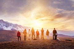 Group people sunset mountains view stock photo Group people sunset mountains view stock photo