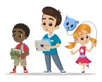 Group of small children. Young characters Little girl with a balloon. Happy boy cartoon with tablet. African little boy. royalty free illustration Group of small children. Young characters Little girl with a balloon. Happy boy cartoon with tablet. African little boy. royalty free illustration