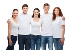 Group of smiling teenagers in white blank t-shirts