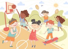 Group of young children playing summer sports stock illustration Group of young children playing summer sports stock illustration