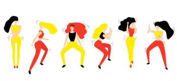 Group of young happy dancing female dancers isolated on white background. Girls dancing fitness stock illustration Group of young happy dancing female dancers isolated on white background. Girls dancing fitness stock illustration