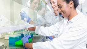 Groupe de scientifiques dans le laboratoire de recherche images libres de droits Groupe de scientifiques dans le laboratoire de recherche images libres de droits