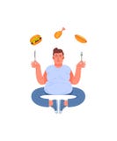 Gruby mężczyzna w pozie medytacja z rozwidleniem i nóż w jego ręki Gruby mężczyzna i niezdrowy jedzenie Hamburger, hot dog i drum ilustracji Gruby mężczyzna w pozie medytacja z rozwidleniem i nóż w jego ręki Gruby mężczyzna i niezdrowy jedzenie Hamburger, hot dog i drum ilustracji