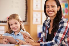 Grundlegender Schullehrer und Schüler, der Tablet-Computer verwendet stockbild Grundlegender Schullehrer und Schüler, der Tablet-Computer verwendet stockbild