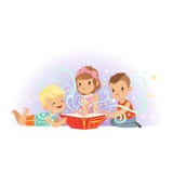 Grupa małe dzieci, chłopiec i dziewczyny magii czytelnicza książka bajki, Kreskówek dzieci charaktery z bajecznie ilustracji Grupa małe dzieci, chłopiec i dziewczyny magii czytelnicza książka bajki, Kreskówek dzieci charaktery z bajecznie ilustracji