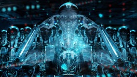 Grupa męskie robot głowy używa cyfrowego hologram ekranizuje 3d rendering royalty ilustracja Grupa męskie robot głowy używa cyfrowego hologram ekranizuje 3d rendering royalty ilustracja
