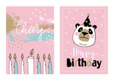 Grupo bonito de cartões tirados mão do aniversário ou da festa do bebê, convites com a panda gigante com chapéu do partido e burn ilustração stock Grupo bonito de cartões tirados mão do aniversário ou da festa do bebê, convites com a panda gigante com chapéu do partido e burn ilustração stock
