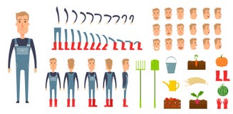 Grupo da criação do caráter do fazendeiro Ícones com tipos diferentes de caras, emoções, roupa Parte dianteira, lado, homem trase ilustração do vetor Grupo da criação do caráter do fazendeiro Ícones com tipos diferentes de caras, emoções, roupa Parte dianteira, lado, homem trase ilustração do vetor