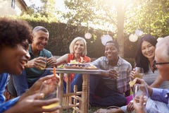 Grupo de amigos maduros que apreciam bebidas no quintal junto fotografia de stock Grupo de amigos maduros que apreciam bebidas no quintal junto fotografia de stock