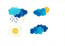 Grupo de ?cones do tempo da aquarela As nuvens de Sun chovem gotas que os flocos de neve atacam Aperfei?oe para a etiqueta ou o d ilustração stock Grupo de ?cones do tempo da aquarela As nuvens de Sun chovem gotas que os flocos de neve atacam Aperfei?oe para a etiqueta ou o d ilustração stock
