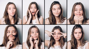 Grupo de emoções da moça Mulher moreno ocasional que faz caretas e que gesticula na câmera, no fundo cinzento do estúdio fotografia de stock royalty free Grupo de emoções da moça Mulher moreno ocasional que faz caretas e que gesticula na câmera, no fundo cinzento do estúdio fotografia de stock royalty free