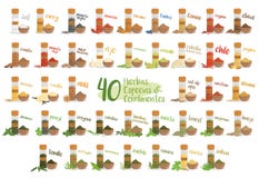 Grupo de 40 ervas, espécies e condimentos culinários diferentes no estilo dos desenhos animados Nomes espanhóis Ilustração do vet ilustração royalty free Grupo de 40 ervas, espécies e condimentos culinários diferentes no estilo dos desenhos animados Nomes espanhóis Ilustração do vet ilustração royalty free