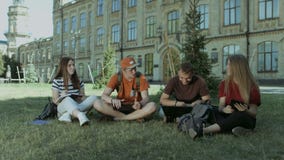 Grupo de estudantes que compartilham das ideias no gramado do terreno Grupo de estudantes que compartilham das ideias no gramado do terreno