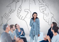Grupo de executivos que sentam-se na reunião do círculo na frente das mãos que alcançam para se o desenho foto de stock Grupo de executivos que sentam-se na reunião do círculo na frente das mãos que alcançam para se o desenho foto de stock