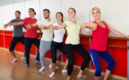 Grupo de homens e de mulheres que praticam na barra do bailado imagem de stock Grupo de homens e de mulheres que praticam na barra do bailado imagem de stock