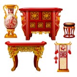 Grupo de mobília ornamentado no estilo oriental isolada no fundo branco Vaso vermelho do assoalho, tabela com ornamento do ouro ilustração royalty free Grupo de mobília ornamentado no estilo oriental isolada no fundo branco Vaso vermelho do assoalho, tabela com ornamento do ouro ilustração royalty free