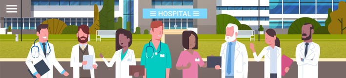 Grupo de médicos que estão na bandeira horizontal de Front Of Hospital Building Exterior ilustração royalty free Grupo de médicos que estão na bandeira horizontal de Front Of Hospital Building Exterior ilustração royalty free