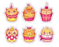 Grupo de queques criativos da cara do gato para etiquetas, remendos, pinos ilustração royalty free Grupo de queques criativos da cara do gato para etiquetas, remendos, pinos ilustração royalty free
