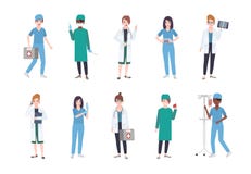 Grupo de trabalhadores médicos fêmeas O pacote de médicos das mulheres vestidos nos revestimentos brancos e esfrega - doutor ou m ilustração stock Grupo de trabalhadores médicos fêmeas O pacote de médicos das mulheres vestidos nos revestimentos brancos e esfrega - doutor ou m ilustração stock