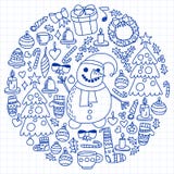 Grupo do vetor do Natal, ícones do feriado no estilo da garatuja Pintado, tirado com uma pena, em uma folha do papel quadriculado ilustração stock Grupo do vetor do Natal, ícones do feriado no estilo da garatuja Pintado, tirado com uma pena, em uma folha do papel quadriculado ilustração stock