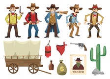 Grupo dos vaqueiros Povos retros ocidentais com armas diferentes e emoções isolados no fundo branco Elementos ocidentais selvagen ilustração stock Grupo dos vaqueiros Povos retros ocidentais com armas diferentes e emoções isolados no fundo branco Elementos ocidentais selvagen ilustração stock