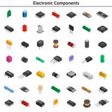 Grupo grande do vetor de componentes eletrônicos izometric Capacitores, r ilustração stock Grupo grande do vetor de componentes eletrônicos izometric Capacitores, r ilustração stock