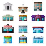 Grupo liso diferente do ícone das lojas, das instituições e das lojas ilustração royalty free Grupo liso diferente do ícone das lojas, das instituições e das lojas ilustração royalty free