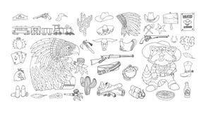 Grupo ocidental selvagem dos ícones dos elementos Desenho da tinta e da pena Atribui a fronteira americana ilustração stock Grupo ocidental selvagem dos ícones dos elementos Desenho da tinta e da pena Atribui a fronteira americana ilustração stock