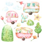 Grupo pronto para uso do estilo da ilustração das crianças de gráficos da aquarela que incluem três caravana retros, três nuvens, ilustração stock Grupo pronto para uso do estilo da ilustração das crianças de gráficos da aquarela que incluem três caravana retros, três nuvens, ilustração stock