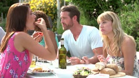 Grupp av vänner som har den utomhus- grillfesten hemma lager videofilmer Grupp av vänner som har den utomhus- grillfesten hemma lager videofilmer