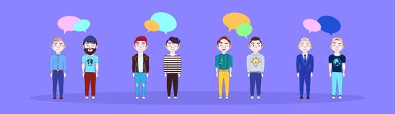 Gruppe des jungen Mannes mit Chat sprudelt Social Media-Kommunikations-Konzept-horizontale Fahne vektor abbildung Gruppe des jungen Mannes mit Chat sprudelt Social Media-Kommunikations-Konzept-horizontale Fahne vektor abbildung