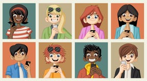 Gruppe junge Leute der Karikatur mit intelligenten Telefonen Stockbilder Gruppe junge Leute der Karikatur mit intelligenten Telefonen Stockbilder
