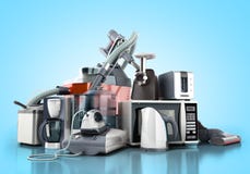 Gruppo degli elettrodomestici di caffè mA del ferro di microonda dell'aspirapolvere immagini stock Gruppo degli elettrodomestici di caffè mA del ferro di microonda dell'aspirapolvere immagini stock