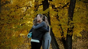 Gruppo di giovani donne che si incontrano prima degli esercizi di yoga nel parco della città di autunno Concetto di stile di vita stock footage Gruppo di giovani donne che si incontrano prima degli esercizi di yoga nel parco della città di autunno Concetto di stile di vita stock footage