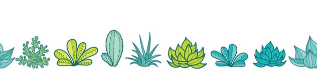 Gräns för modell för repetition för blå gräsplan för vektor sömlös horisontalmed växande suckulenter och kakturs i krukor Moderik royaltyfri illustrationer Gräns för modell för repetition för blå gräsplan för vektor sömlös horisontalmed växande suckulenter och kakturs i krukor Moderik royaltyfri illustrationer