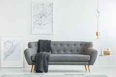 Grå färgvardagsrum med filten fotografering för bildbyråer Grå färgvardagsrum med filten fotografering för bildbyråer