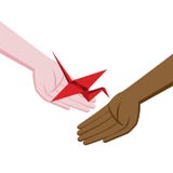 Grúa roja de la papiroflexia isométrica Un regalo con esperanza Símbolo de la esperanza y de la curación Manos de diversas razas stock de ilustración Grúa roja de la papiroflexia isométrica Un regalo con esperanza Símbolo de la esperanza y de la curación Manos de diversas razas stock de ilustración