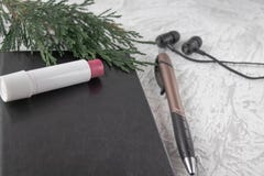 Grüner Zweig auf einem schwarzen Notizbuch nahe bei einem Stift, einem Lippenstift und Kopfhörern auf einem weißen Hintergrund lizenzfreies stockbild Grüner Zweig auf einem schwarzen Notizbuch nahe bei einem Stift, einem Lippenstift und Kopfhörern auf einem weißen Hintergrund lizenzfreies stockbild