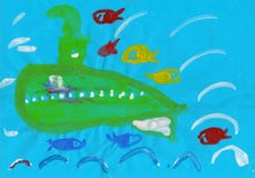 Grünes Unterseeboot und Fische im Tiefsee, die Zeichnung des Kindes vektor abbildung Grünes Unterseeboot und Fische im Tiefsee, die Zeichnung des Kindes vektor abbildung