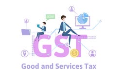 GST, e impuesto de los bienes y servicios Tabla del concepto con palabras claves, letras e iconos Ejemplo plano coloreado del vec stock de ilustración GST, e impuesto de los bienes y servicios Tabla del concepto con palabras claves, letras e iconos Ejemplo plano coloreado del vec stock de ilustración