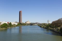 Guadalquivir river and contemporary Seville landmarks stock images Guadalquivir river and contemporary Seville landmarks stock images