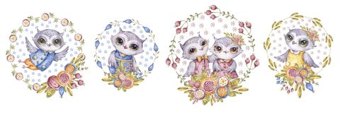 Gufi dell'acquerello e fiori, insieme nello stile puerile royalty illustrazione gratis Gufi dell'acquerello e fiori, insieme nello stile puerile royalty illustrazione gratis
