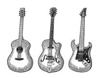 Guitare acoustique et électrique Illustration de gravure de noir de vecteur de vintage illustration stock Guitare acoustique et électrique Illustration de gravure de noir de vecteur de vintage illustration stock