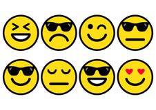 Gula smileys för sommar i solglasögon, emoticonssymbol som är positiv som är neutral och som är negativ också vektor för coreldra stock illustrationer Gula smileys för sommar i solglasögon, emoticonssymbol som är positiv som är neutral och som är negativ också vektor för coreldra stock illustrationer