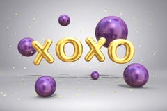 Guld- bokstäver XOXO för skinande metall och ljust purpurfärgade violetta ballongsfärer för flyga på festlig bakgrund med konfett stock illustrationer Guld- bokstäver XOXO för skinande metall och ljust purpurfärgade violetta ballongsfärer för flyga på festlig bakgrund med konfett stock illustrationer