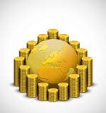 Guld- jordklot med bunten av guld- mynt vektor illustrationer Guld- jordklot med bunten av guld- mynt vektor illustrationer