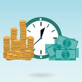 Guld- mynt och dollarräkningar på klockan stock illustrationer Guld- mynt och dollarräkningar på klockan stock illustrationer