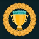 Guld- trofékopp med guld- mynt och dollarräkningar royaltyfri illustrationer Guld- trofékopp med guld- mynt och dollarräkningar royaltyfri illustrationer